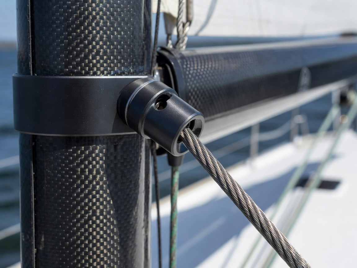 Detailed close up view of carbon fiber standing rigging stay connector on sailboat mast