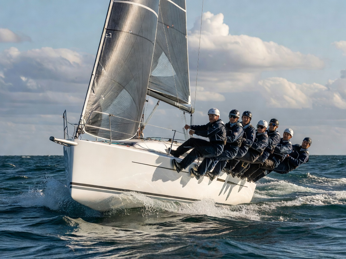 Racing sailboat leaning into a turn with crew hiking on the rail