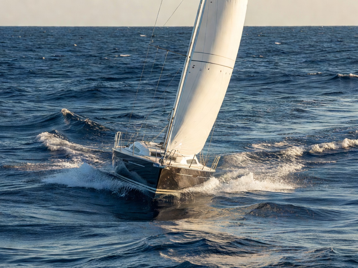 Sailboat slicing through ocean water with main and jib trimmed precisely for optimum VMG