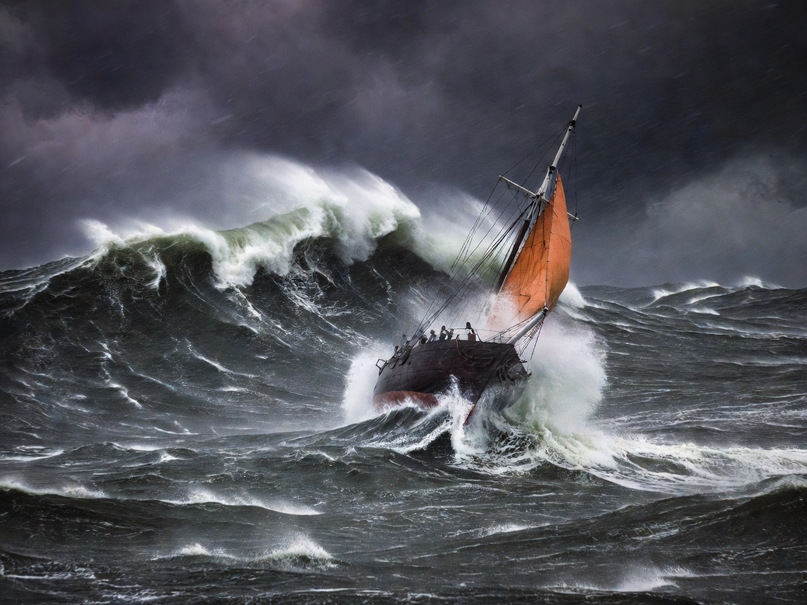Sailing vessel battling steep offshore storm swells under storm trysail