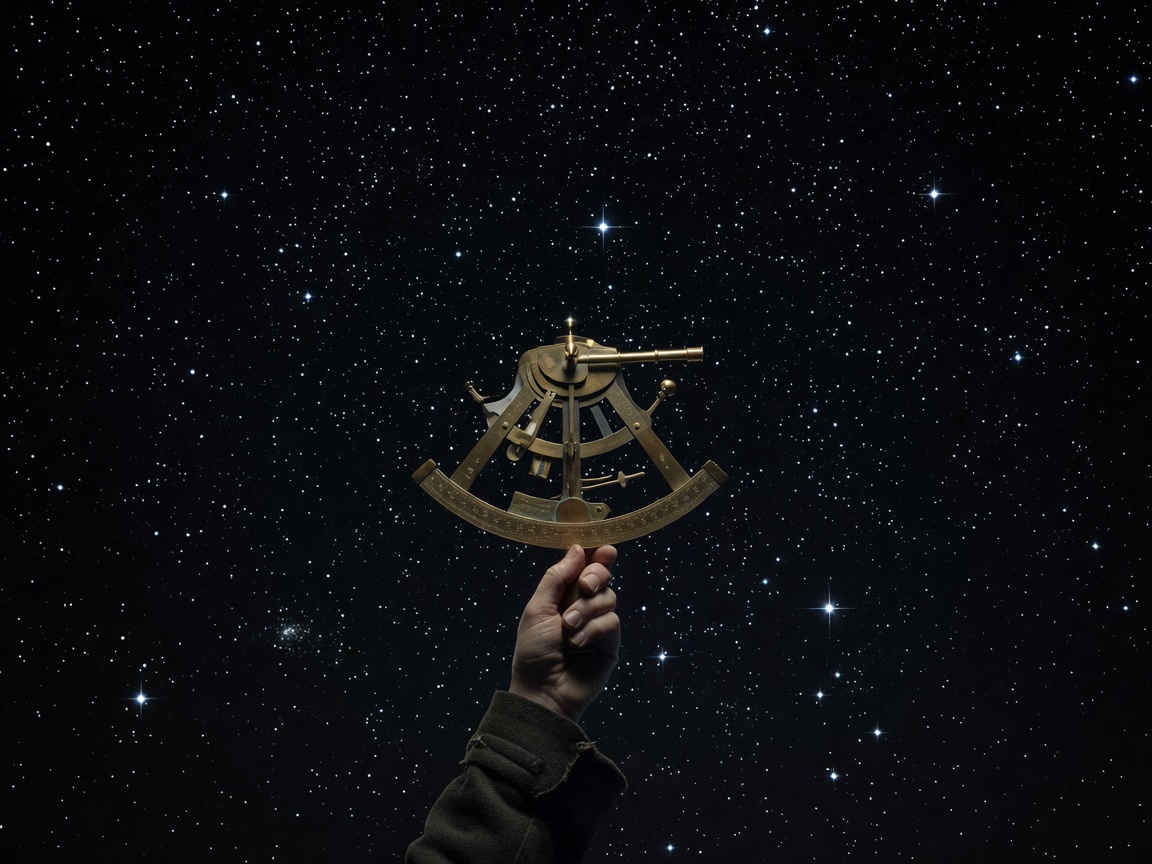Sextant held up against a clear night sky with stars shining