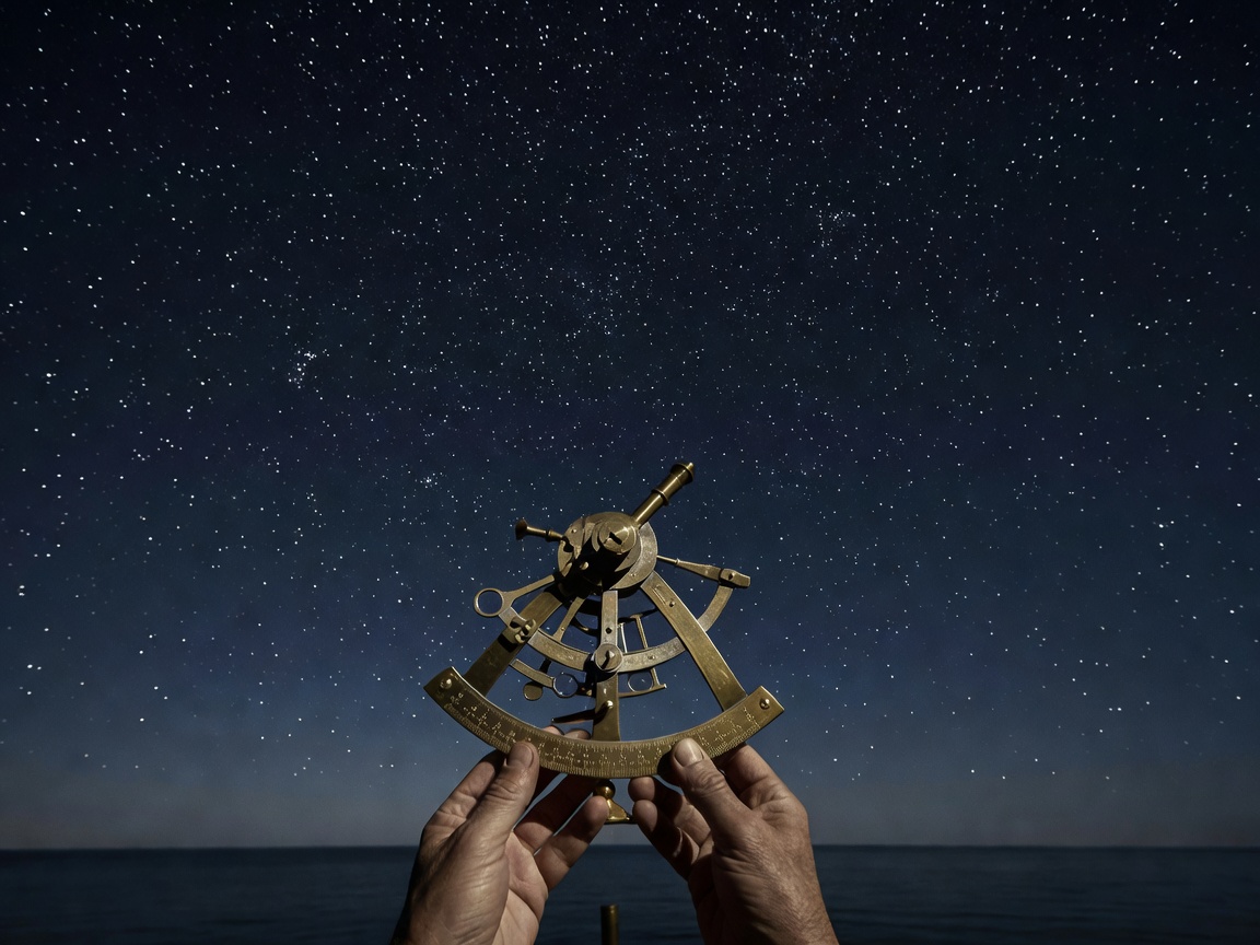 Sextant held up against starry sky horizon for sight reduction calculation