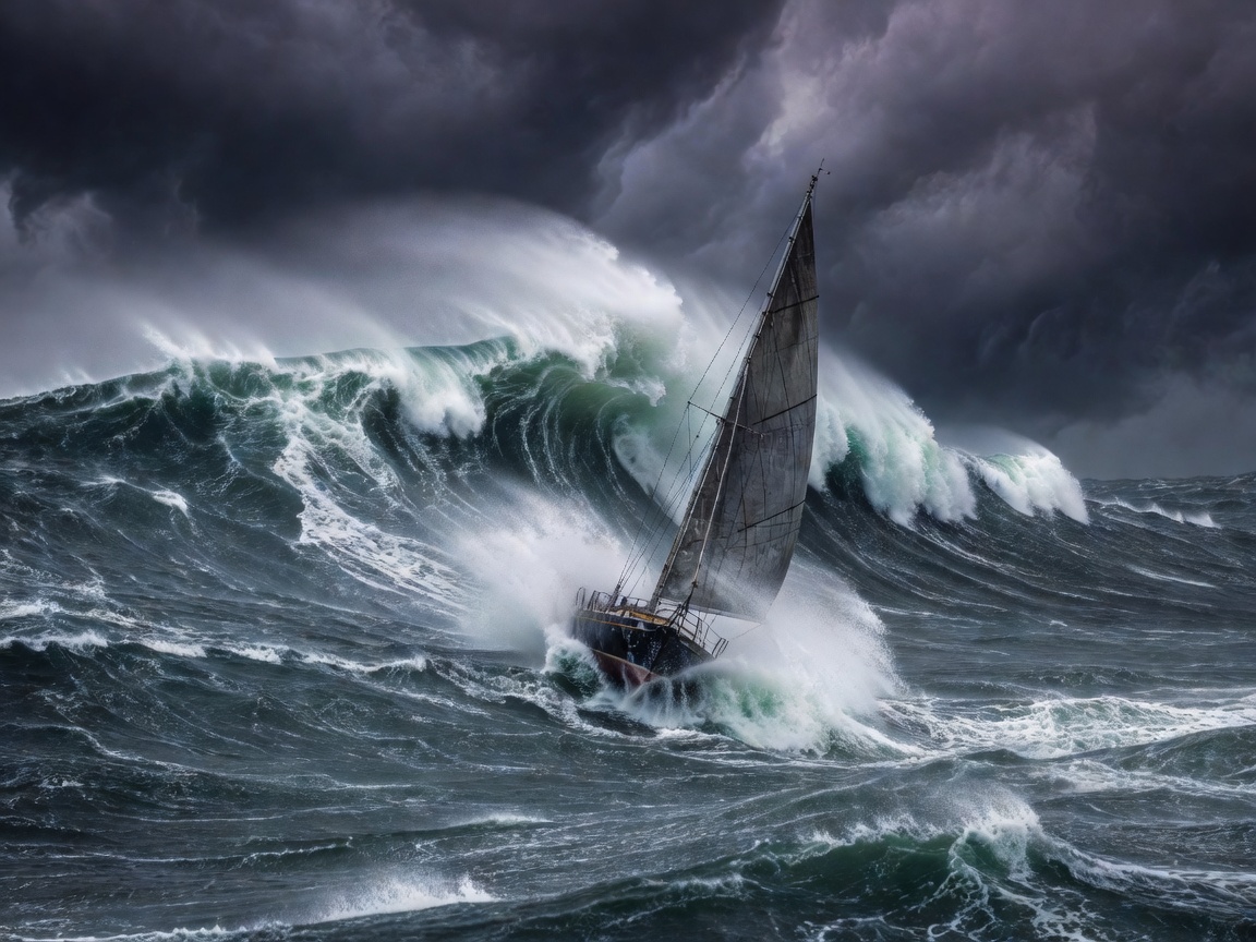 Stormy ocean waves swelling near a sailing vessel storm jib setup