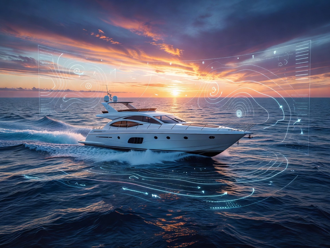 Yacht navigating at sunset on blue waters with weather charts overlay perspective